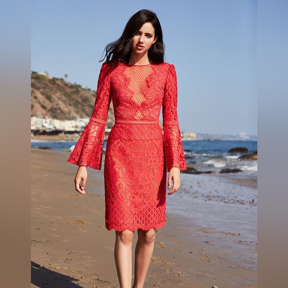 NEW Tadashi Shoji Kyra Bell Sleeve Lace Dress Red Sz 10 Formal Midi Holiday NWT - Picture 1 of 10